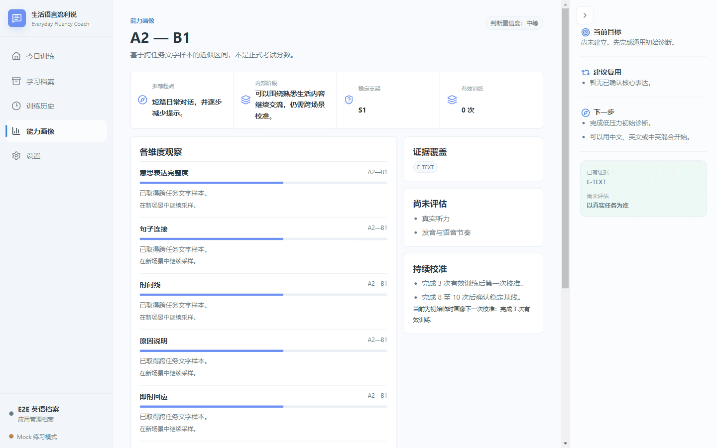 语言流利说真实能力画像界面,区分已有文字证据和尚未评估的听力与发音